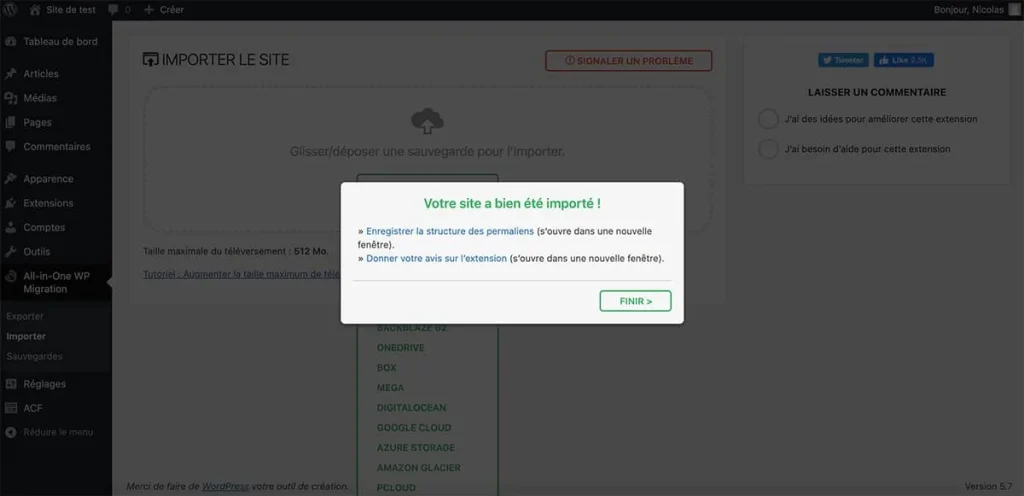 Dupliquer un site avec All-in-One WP Migration, écran de fin