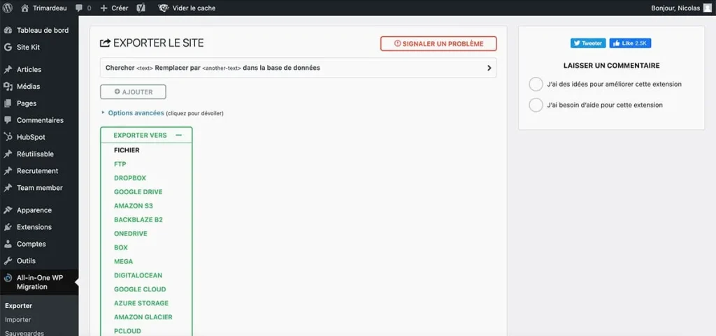 Exporter site WordPress avec All-in-One WP Migration