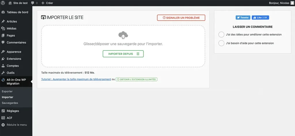 Ecran d'importation du site