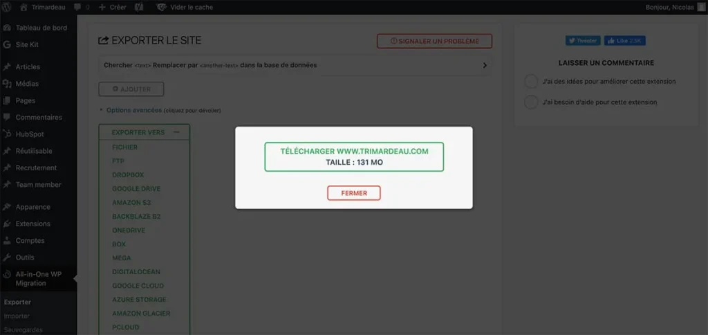 Exportation terminée du site d'origine