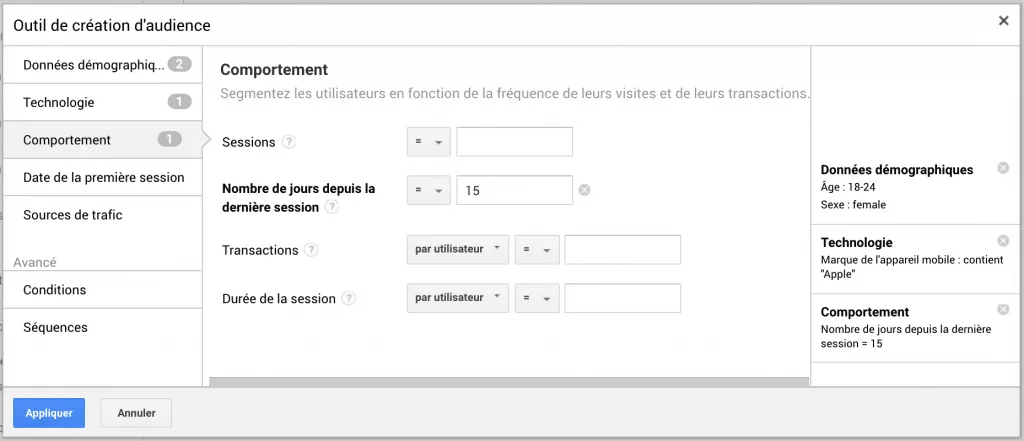 Formulaire création d'audience Google Analytics