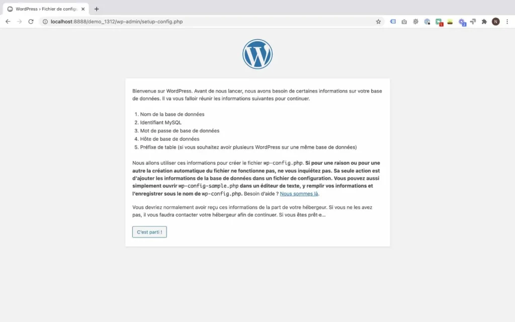 Ecran d'accueil de l'installation WordPress