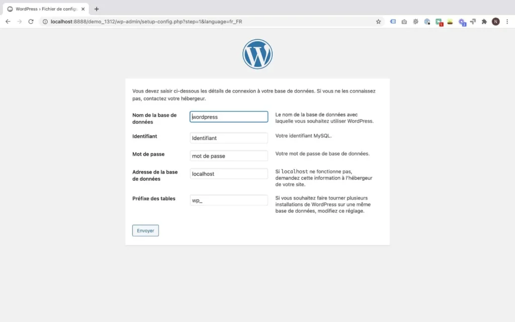 Informations relatives à la base de données lors de l'installation de WordPress en local