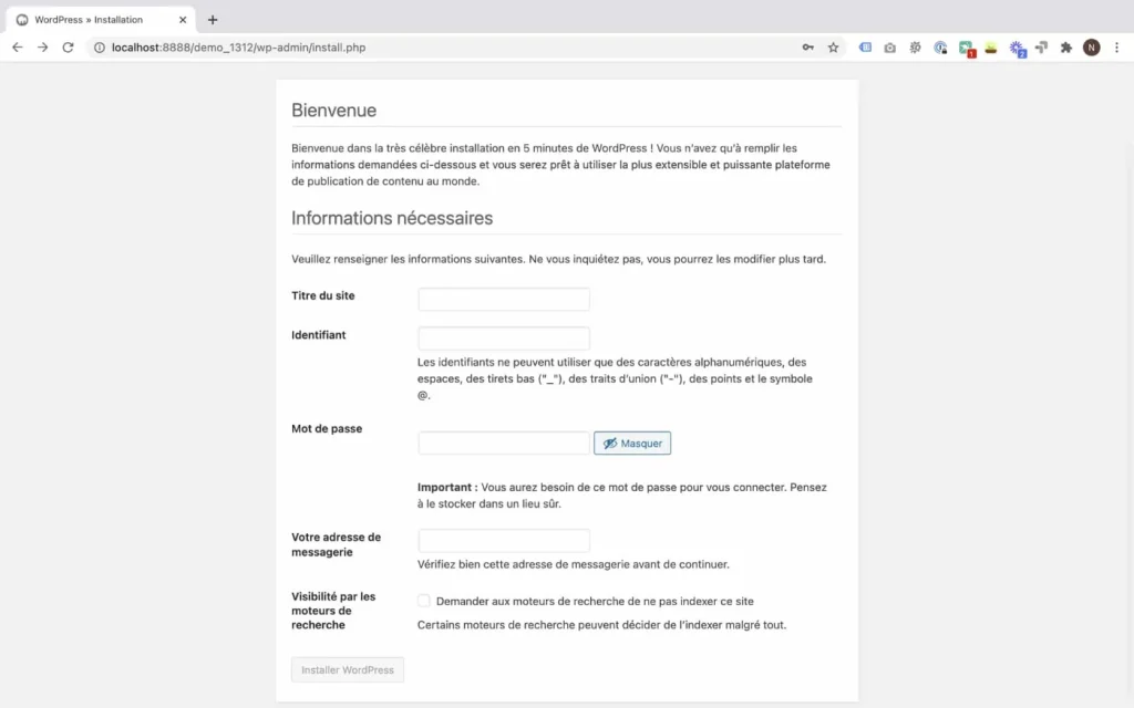 Ecran d'installation WordPress : informations relatives au site