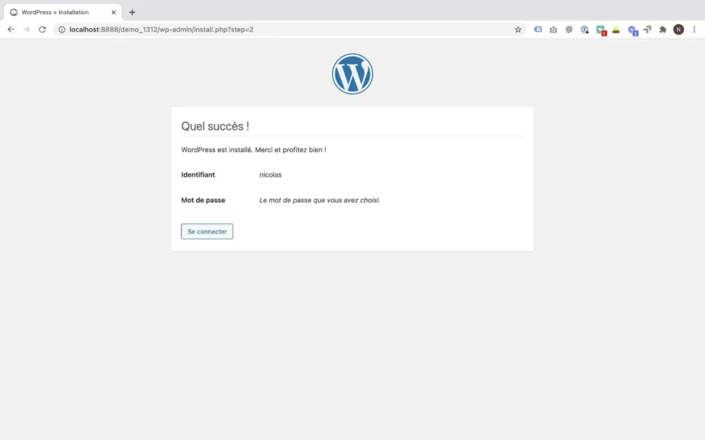 Installation de WordPress succès