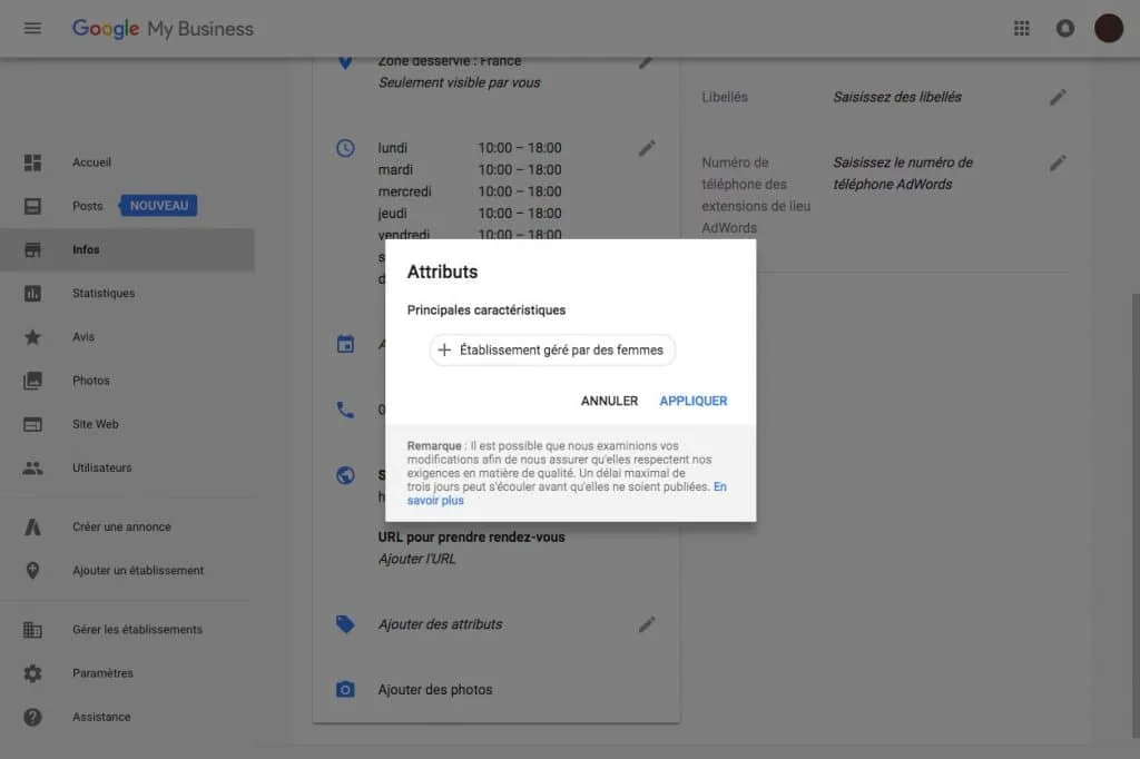 Entreprise gérée par des femmes - Google My Business
